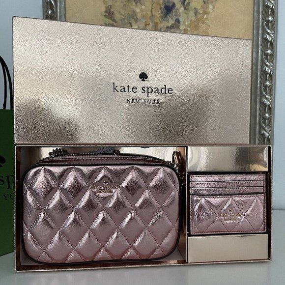 NWT Kate Spade Boxed Quilted Metalic Leather Crossbody Card Case Set In Pink - Picture 3 of 10